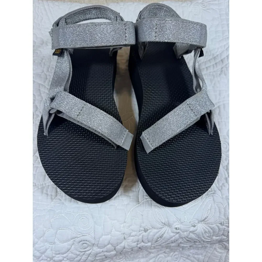Teva Women 8 Silver Black Universal Metallic Strap Outdoor Sport Sandals Shoes